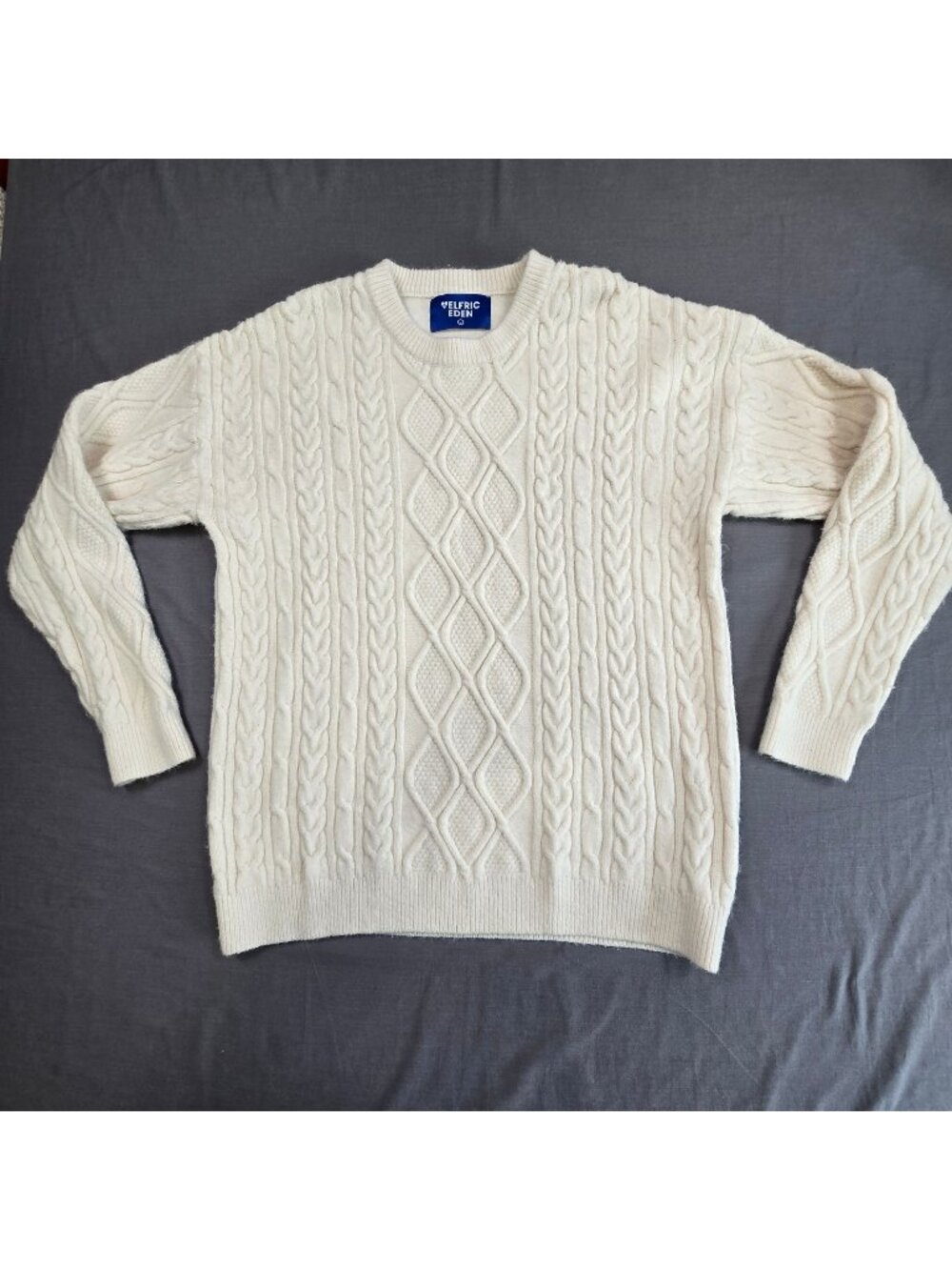 Elfric Eden Large Mens Unisex Cable Knit Sweater Ivory Cozy Pullover